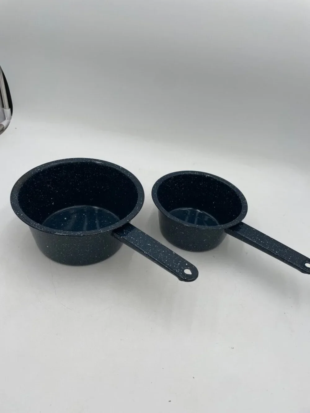 Vintage Graniteware Blue & White Speckled Nesting Saucepans Set Of 2